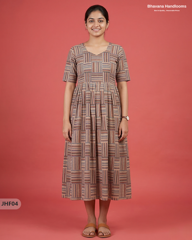 Kalamkari Design Frock – Light Beige Colour | Handloom Ethnic Wear with Half Lining