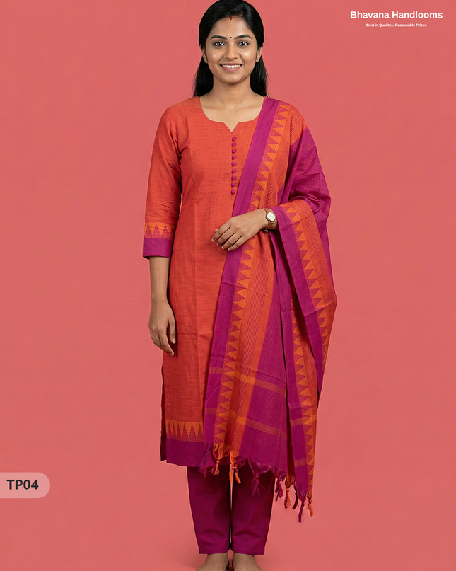 Mangalagiri Cotton 3PC Set with Full-Length Lining & Elastic Pocket Bottom – Orange & Purple Double Weave