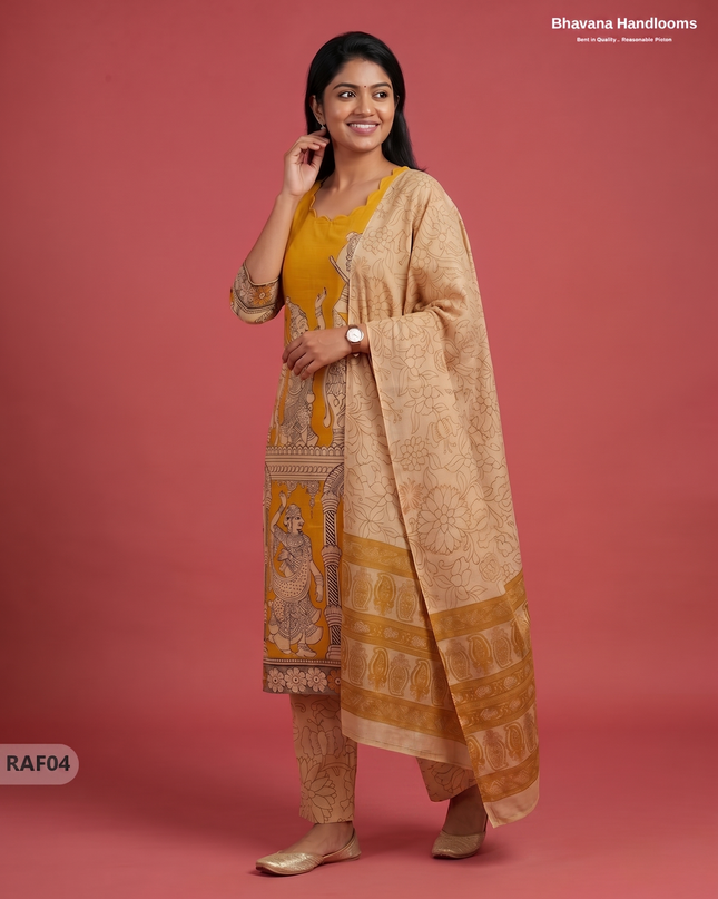 Premium Kalamkari Ramayanam Design 3PC Kurti Set with Elastic Bottom | Mustard Yellow Ethnic Wear