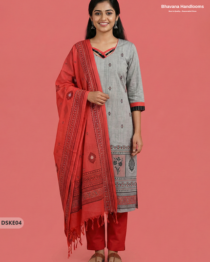 Stylish Grey Red Designer Kurti Set | 3Pc Ready-to-Wear Outfit