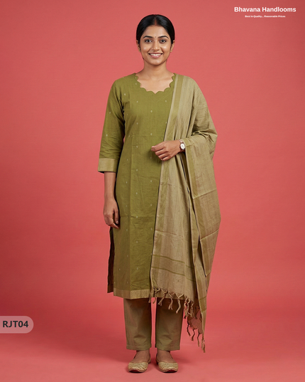Premium Handloom Woveen 3PC Kurti Set with Handloom Dupatta | Olive Green Colour Ethnic Wear