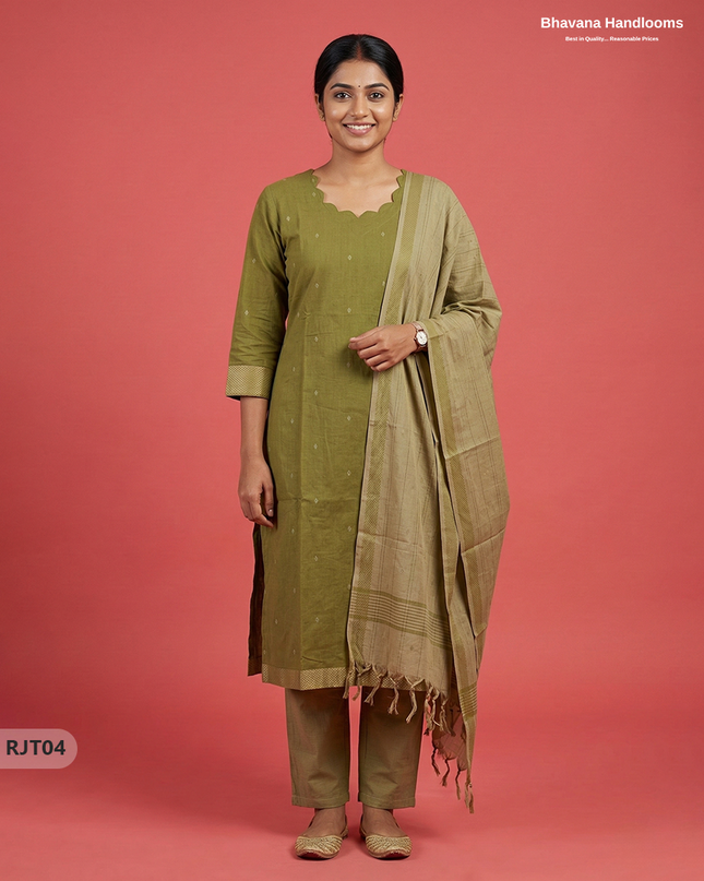 Premium Handloom Woveen 3PC Kurti Set with Handloom Dupatta | Olive Green Colour Ethnic Wear