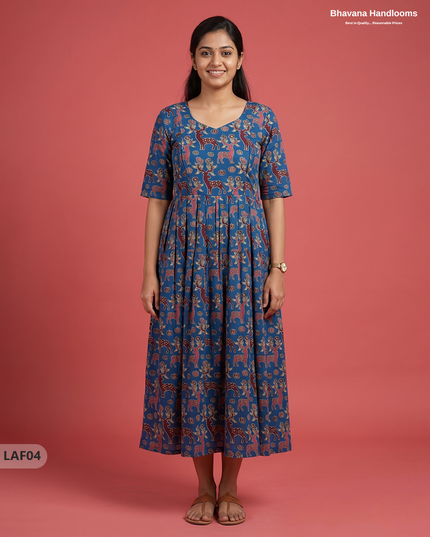 Feeding Frock with Kalamkari Design – Blue Color | Invisible Zips | Half Lining Maternity Wear