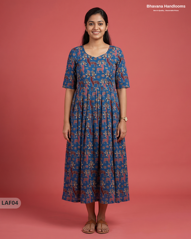 Feeding Frock with Kalamkari Design – Blue Color | Invisible Zips | Half Lining Maternity Wear