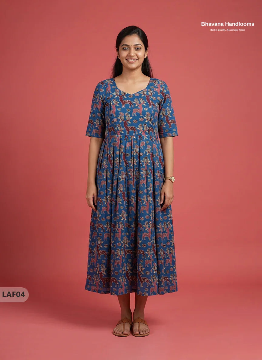 Feeding Frock with Kalamkari Design – Blue Color | Invisible Zips | Half Lining Maternity Wear