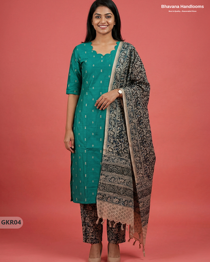 Raw Silk 3PC Kurti Set with Kalamkari Dupatta & Elastic Bottom in Sea Green Colour | Ethnic Wear