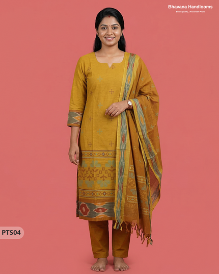 Traditional Pochampally Border 3PC Kurti Set with Dupatta in Sampangi Yellow colour | Ready-to-Wear Ethnic Set