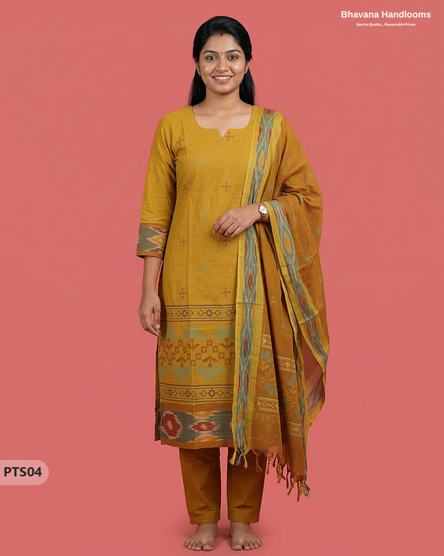 Traditional Pochampally Border 3PC Kurti Set with Dupatta in Sampangi Yellow colour | Ready-to-Wear Ethnic Set