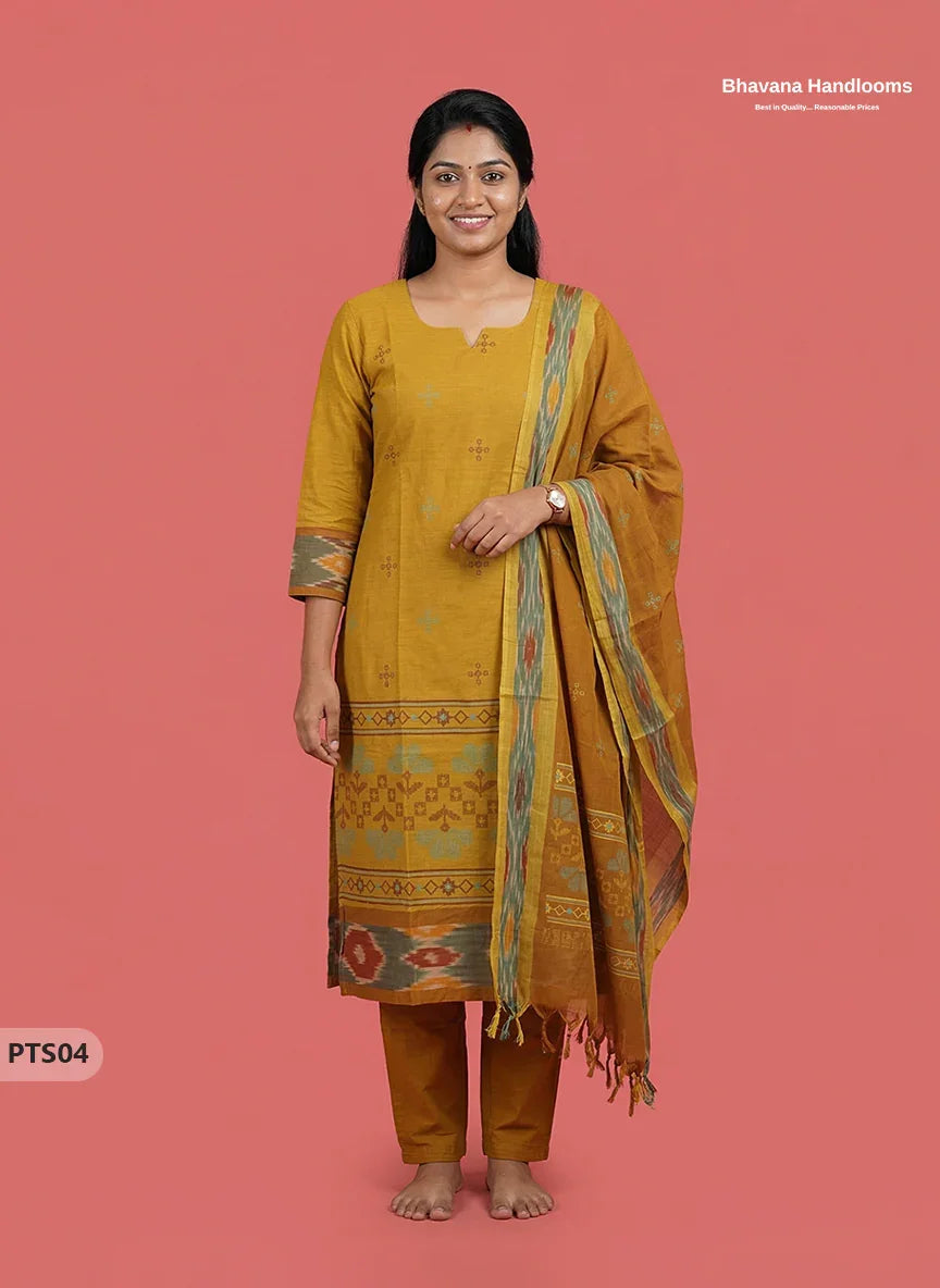 Traditional Pochampally Border 3PC Kurti Set with Dupatta in Sampangi Yellow colour | Ready-to-Wear Ethnic Set