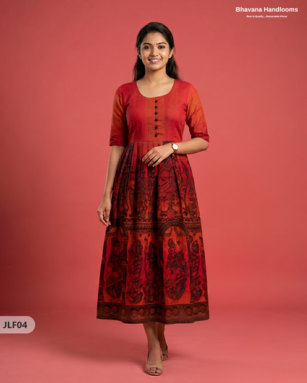 Traditional Handloom Frock with Ramayanam Design Prints in Multi Colour Shades | Vermilion Orange Colour
