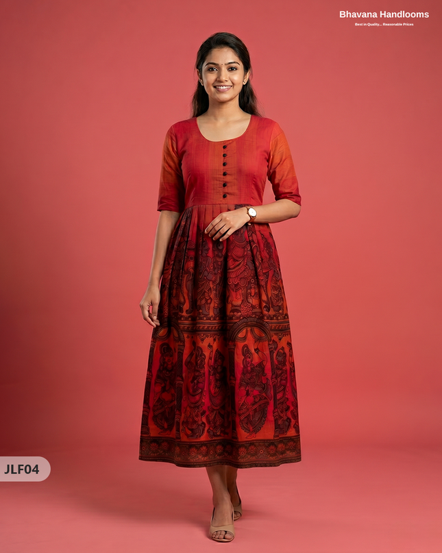 Traditional Handloom Frock with Ramayanam Design Prints in Multi Colour Shades | Vermilion Orange Colour