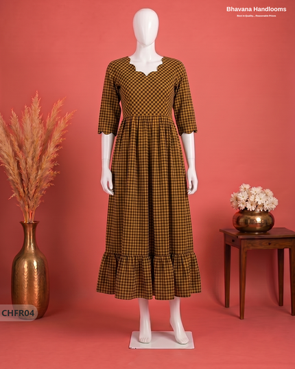 Handloom Cotton Frock in Ochre & Black Checks with Stylish Neck Cut Work | Soft & Comfortable