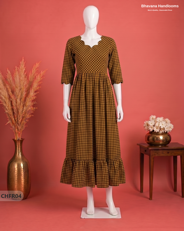 Handloom Cotton Frock in Ochre & Black Checks with Stylish Neck Cut Work | Soft & Comfortable