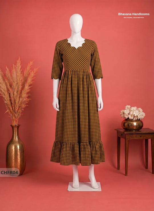 Mangalagiri Cotton Frock in Ochre & Black Checks with Stylish Neck Cut Work | Soft & Comfortable