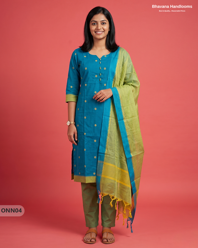 Mangalagiri Premium Cotton 3PC Set with Full-Length Lining & Elastic Pocket Bottom – Sky Blue colour