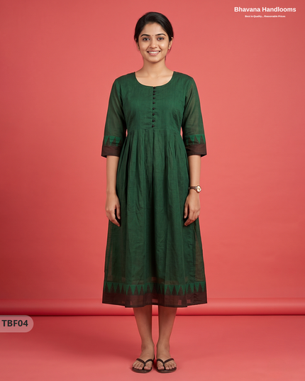 Premium Mangalagiri Temple Border Frock with Potli Balls | Deep bottle green Colour | Half Lining