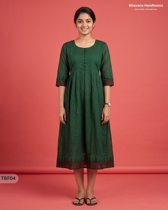 Premium Mangalagiri Temple Border Frock with Potli Balls | Deep bottle green Colour | Half Lining