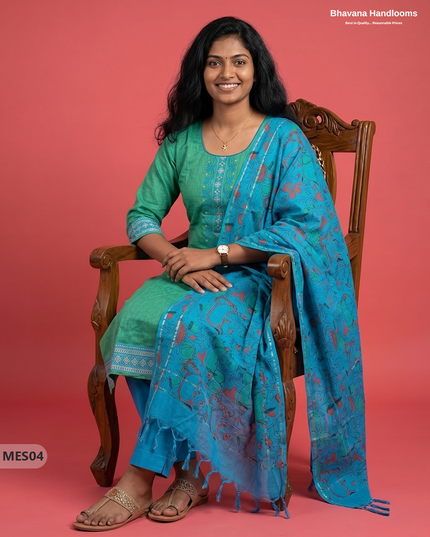 Premium Mangalagiri Kurti Set with Embroidery Design, Threads Bottom & Printed Dupatta – Mint Green Colour