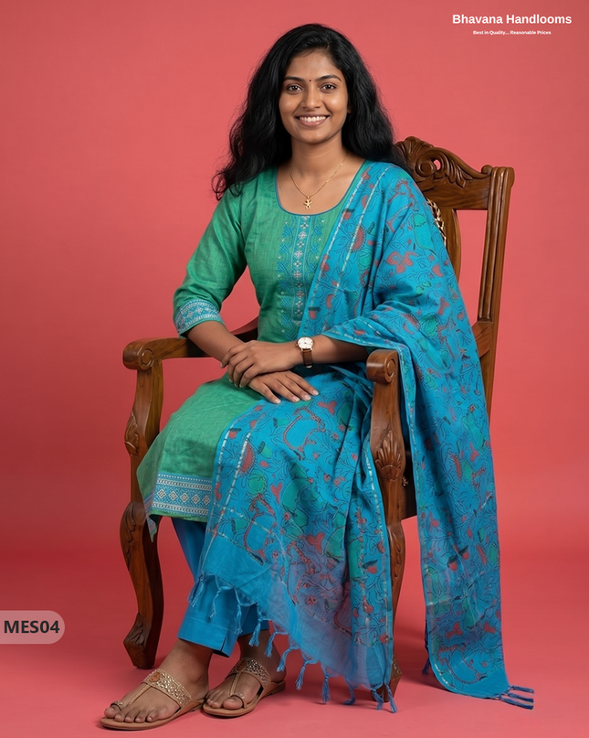 Premium Mangalagiri Kurti Set with Embroidery Design, Threads Bottom & Printed Dupatta – Mint Green Colour