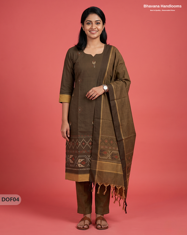 Mangalagiri Handloom Printed Cotton Kurti Set Cafe Noir Colour with Elastic Bottom | Ready-to-Wear Ethnic Wear