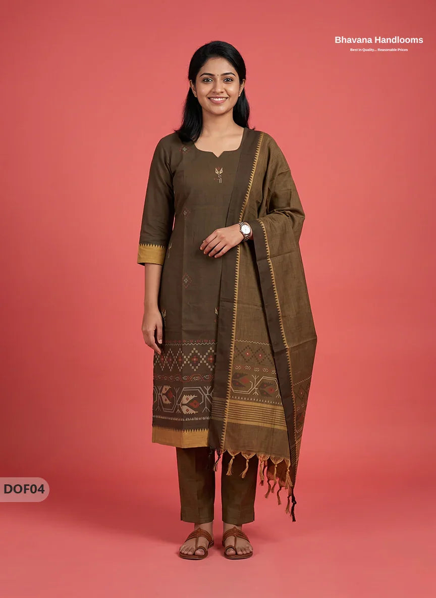 Mangalagiri Handloom Printed Cotton Kurti Set Cafe Noir Colour with Elastic Bottom | Ready-to-Wear Ethnic Wear