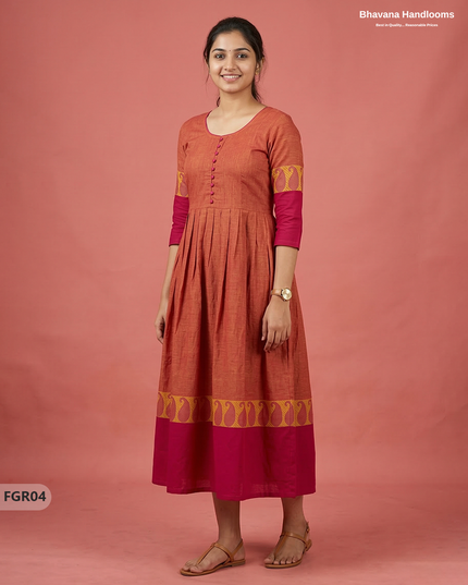 Summer Special Premium Cotton Handloom Frock with Woven Design | Orange Colour