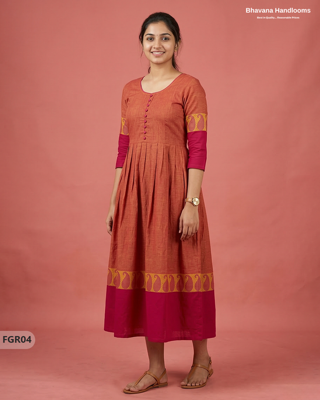 Summer Special Premium Cotton Handloom Frock with Woven Design | Orange Colour