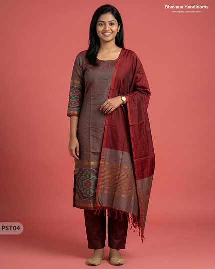 Pochampally Semi Pattu 3PC Kurti Set in Dark Brown Colour | Ready-to-Wear Ethnic Wear