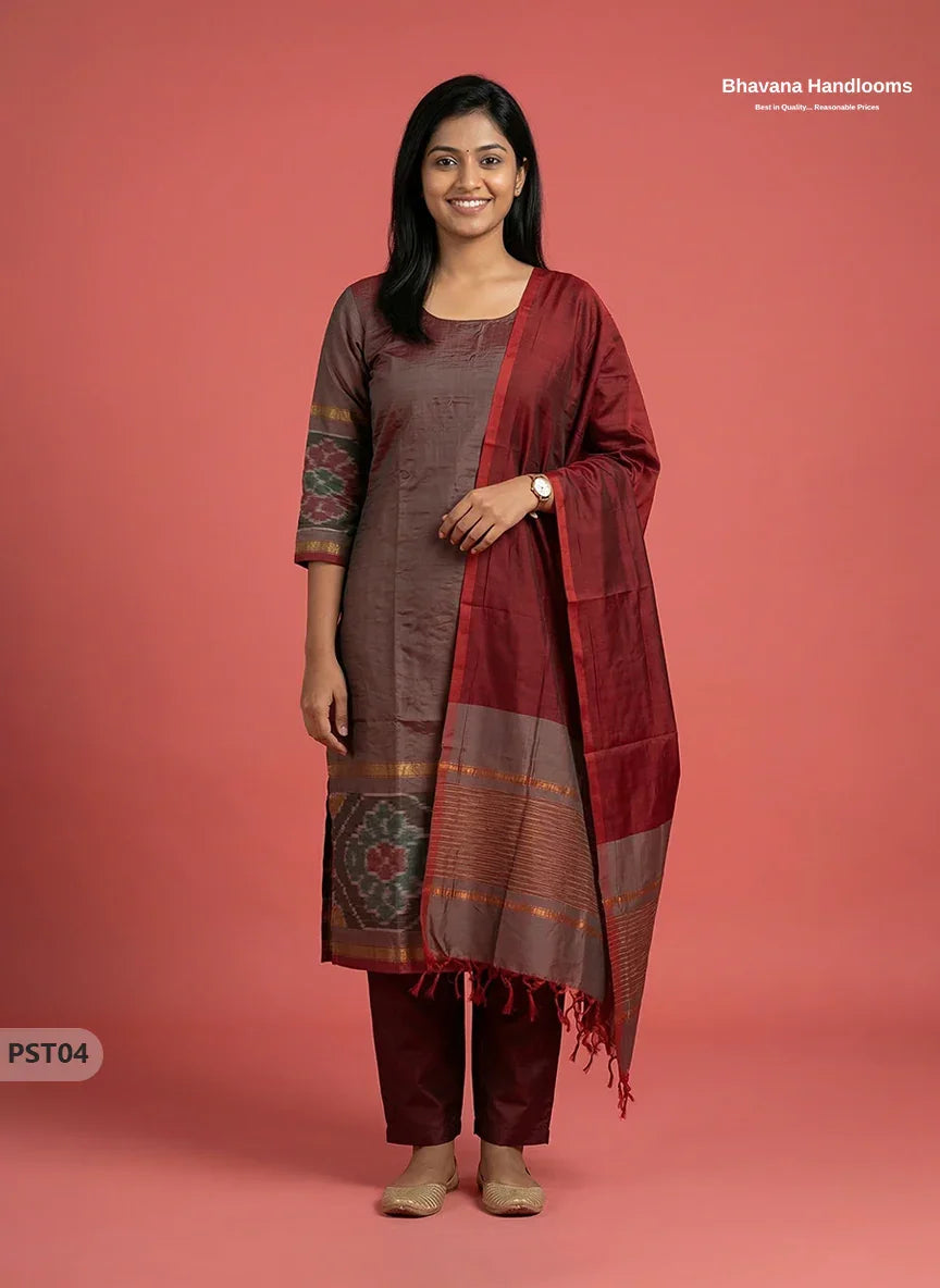 Pochampally Semi Pattu 3PC Kurti Set in Dark Brown Colour | Ready-to-Wear Ethnic Wear