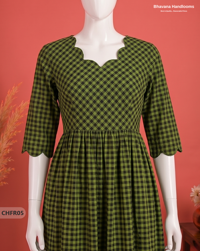 Handloom Cotton Frock in Olive Green & Black Checks with Stylish Neck Cut Work | Soft & Comfortable