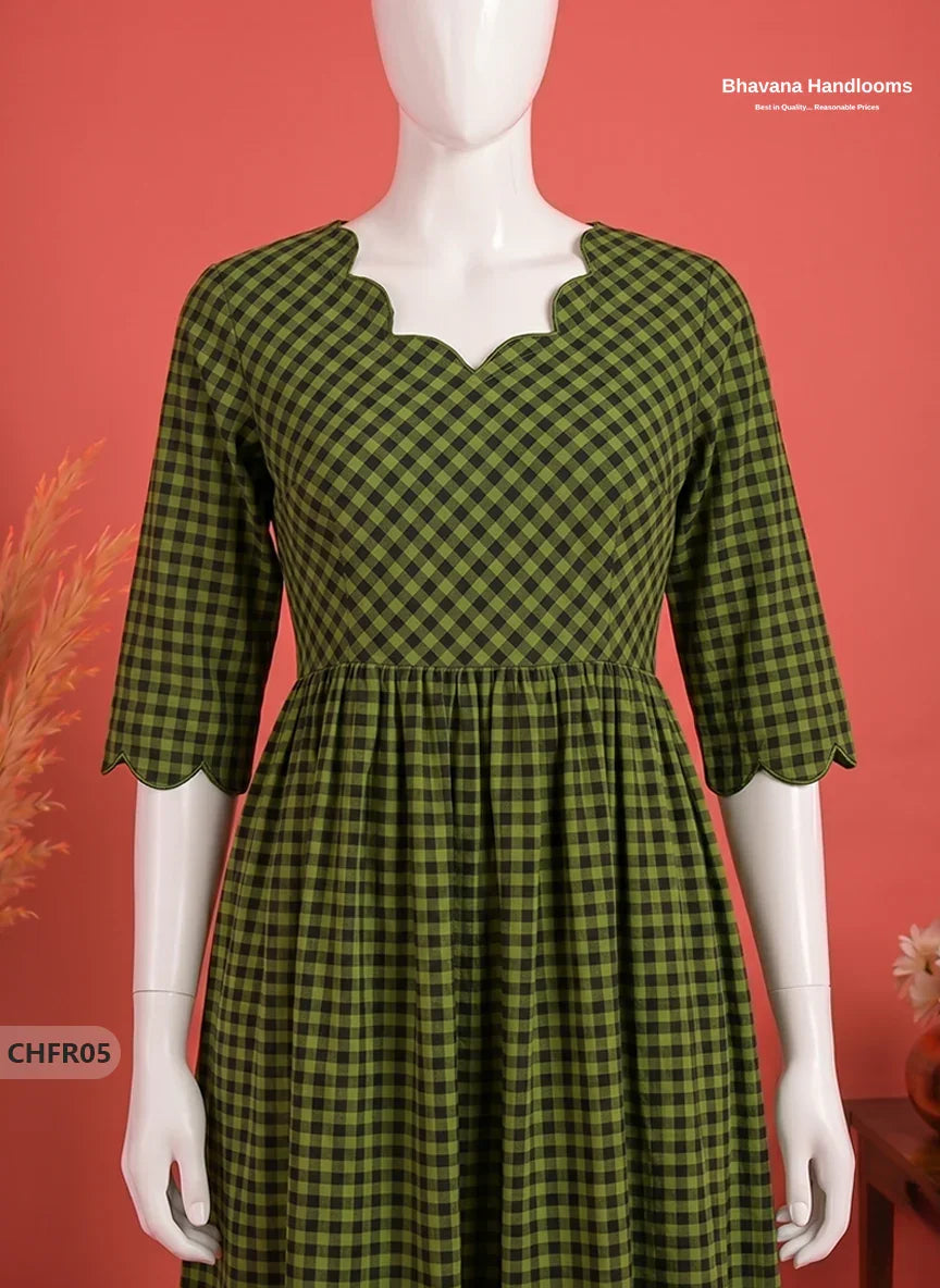 Mangalagiri Cotton Frock in Olive Green & Black Checks with Stylish Neck Cut Work | Soft & Comfortable