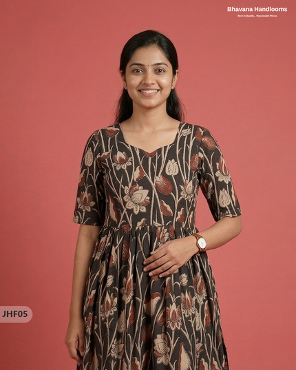 Kalamkari Design Frock – Black Colour | Handloom Ethnic Wear with Half Lining