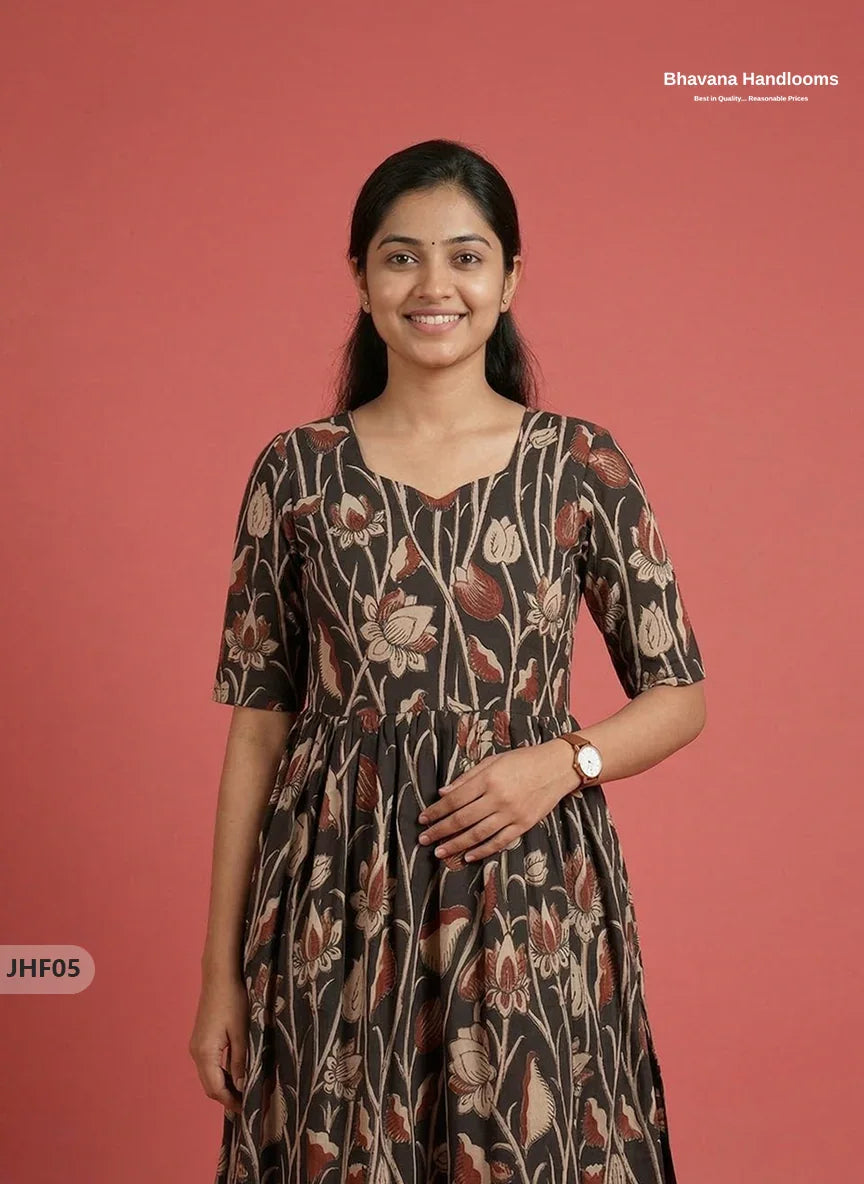 Kalamkari Design Frock – Black Colour | Handloom Ethnic Wear with Half Lining