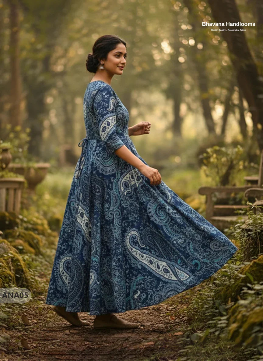 Blue Floral Long Anarkali Frock – Umbrella Flair Design