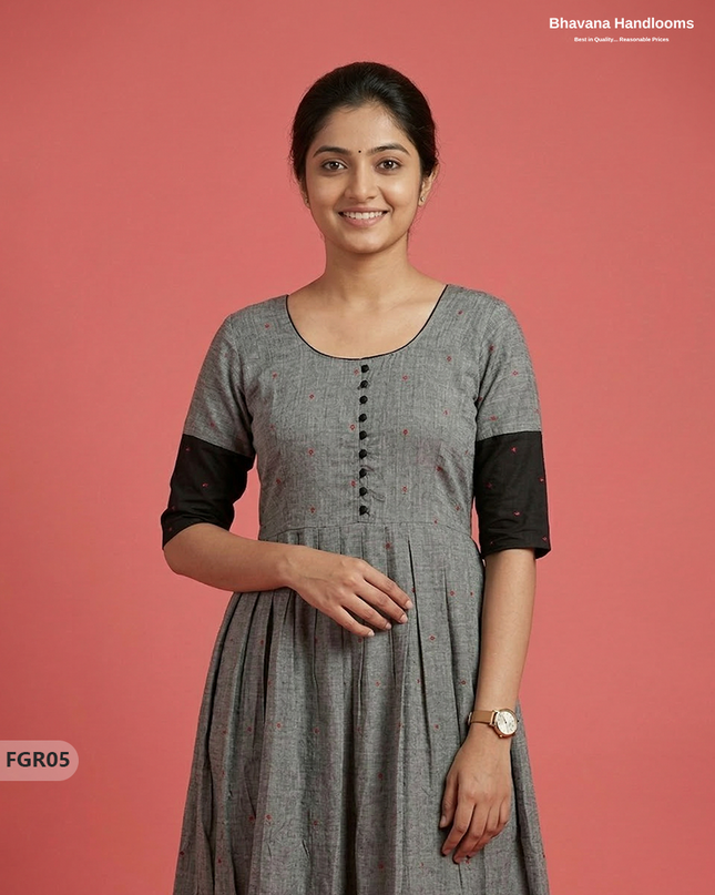 Summer Special Premium Cotton Handloom Frock with Woven Design | Gray Colour