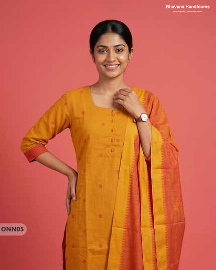 Mangalagiri Premium Cotton 3PC Set with Full-Length Lining & Elastic Pocket Bottom – Yellow colour