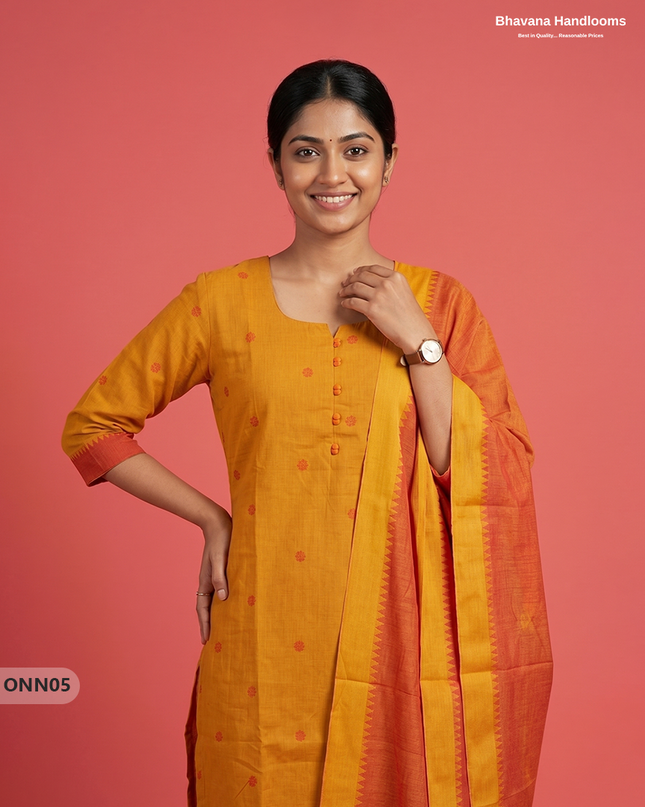 Mangalagiri Premium Cotton 3PC Set with Full-Length Lining & Elastic Pocket Bottom – Yellow colour