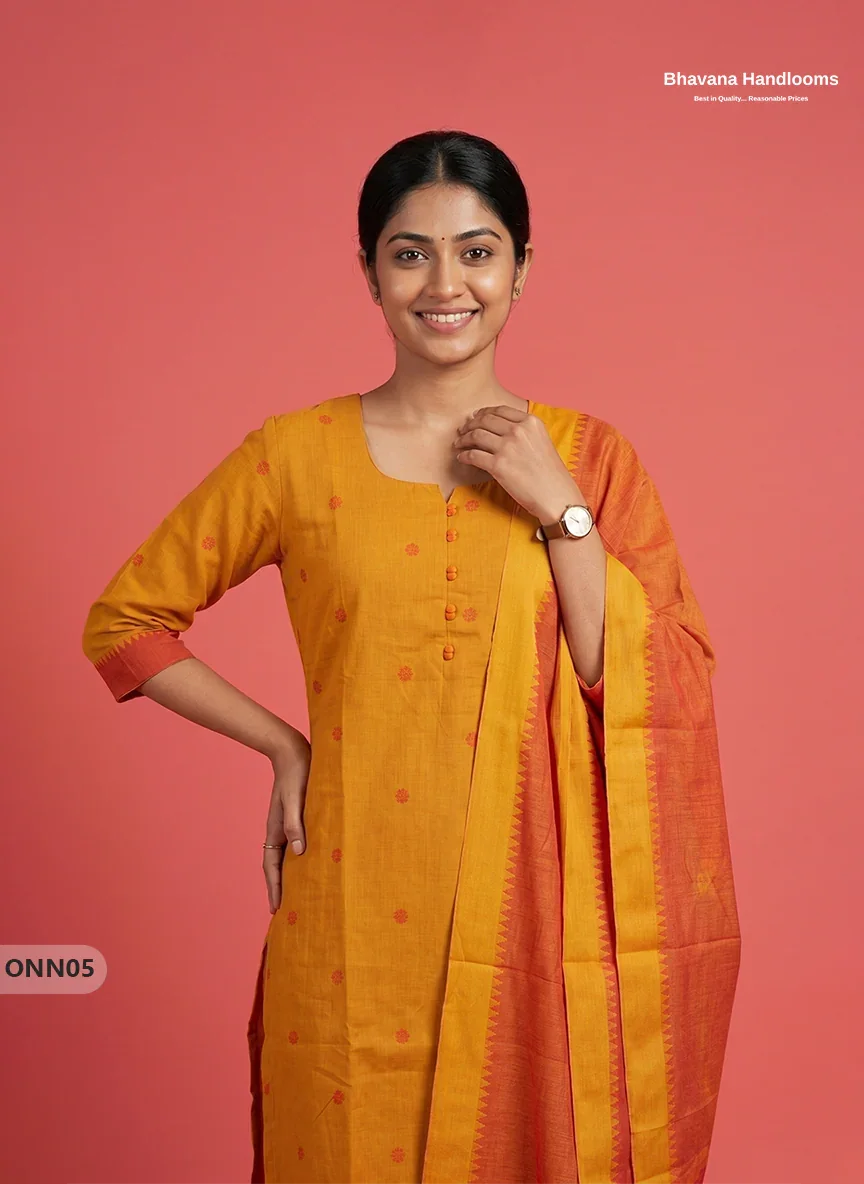 Mangalagiri Premium Cotton 3PC Set with Full-Length Lining & Elastic Pocket Bottom – Yellow colour