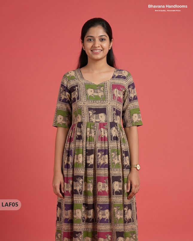 Feeding Frock with Kalamkari Design – Beige Color | Invisible Zips | Half Lining Maternity Wear