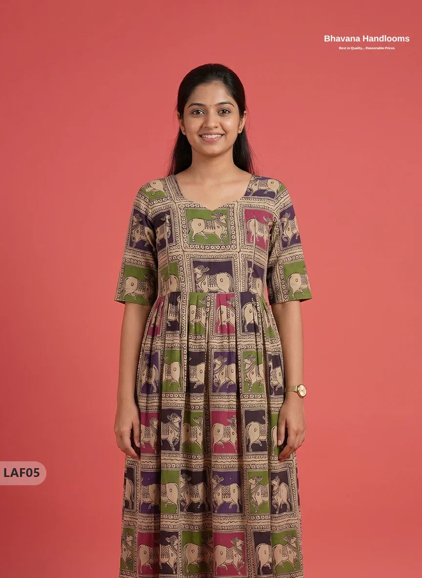 Feeding Frock with Kalamkari Design – Beige Color | Invisible Zips | Half Lining Maternity Wear