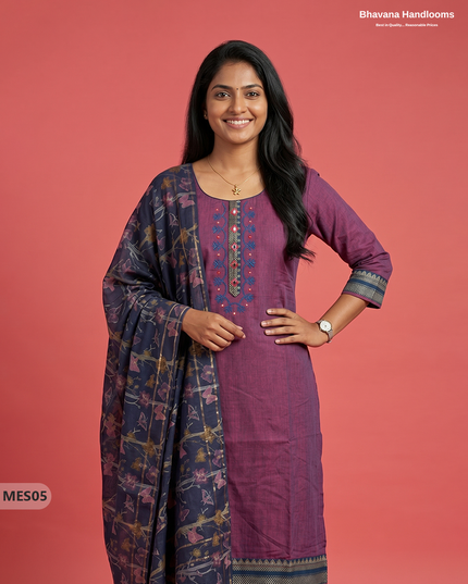 Premium Mangalagiri Kurti Set with Embroidery Design, Threads Bottom & Printed Dupatta – Deep Orchid Colour