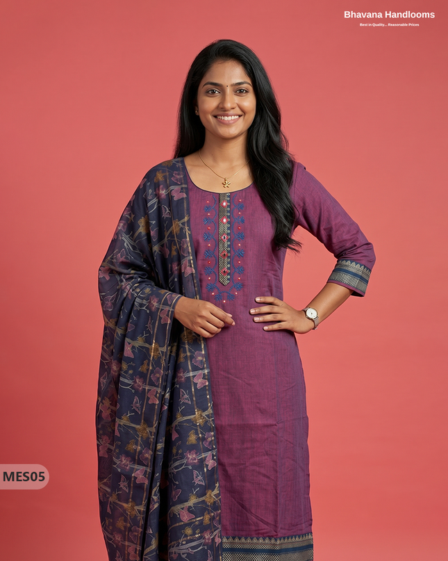 Premium Mangalagiri Kurti Set with Embroidery Design, Threads Bottom & Printed Dupatta – Deep Orchid Colour