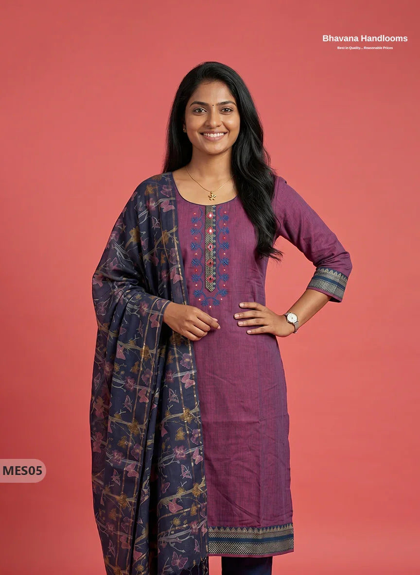 Premium Mangalagiri Kurti Set with Embroidery Design, Threads Bottom & Printed Dupatta – Deep Orchid Colour
