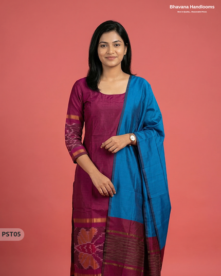 Pochampally Semi Pattu 3PC Kurti Set in Dark Pink Colour | Ready-to-Wear Ethnic Wear