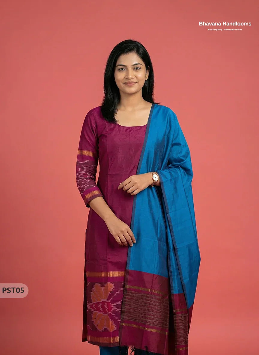 Pochampally Semi Pattu 3PC Kurti Set in Dark Pink Colour | Ready-to-Wear Ethnic Wear