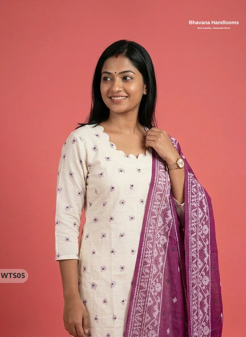 Stylish Handloom Jacquard 3PC Kurti Set with Printed Dupatta & Half White Kurti
