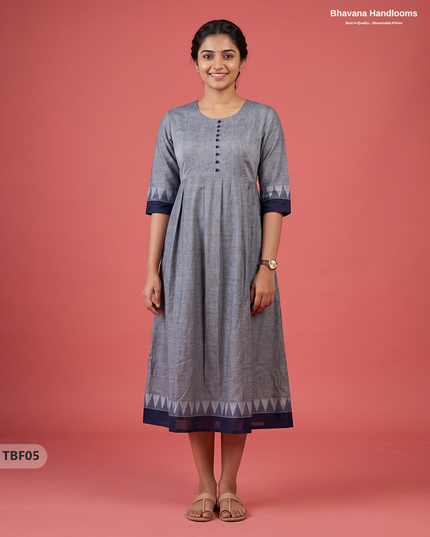 Premium Mangalagiri Temple Border Frock with Potli Balls | Slate grey with blue undertones Colour | Half Lining