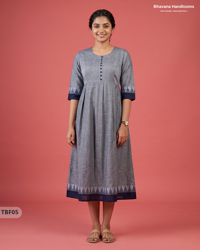 Premium Mangalagiri Temple Border Frock with Potli Balls | Slate grey with blue undertones Colour | Half Lining