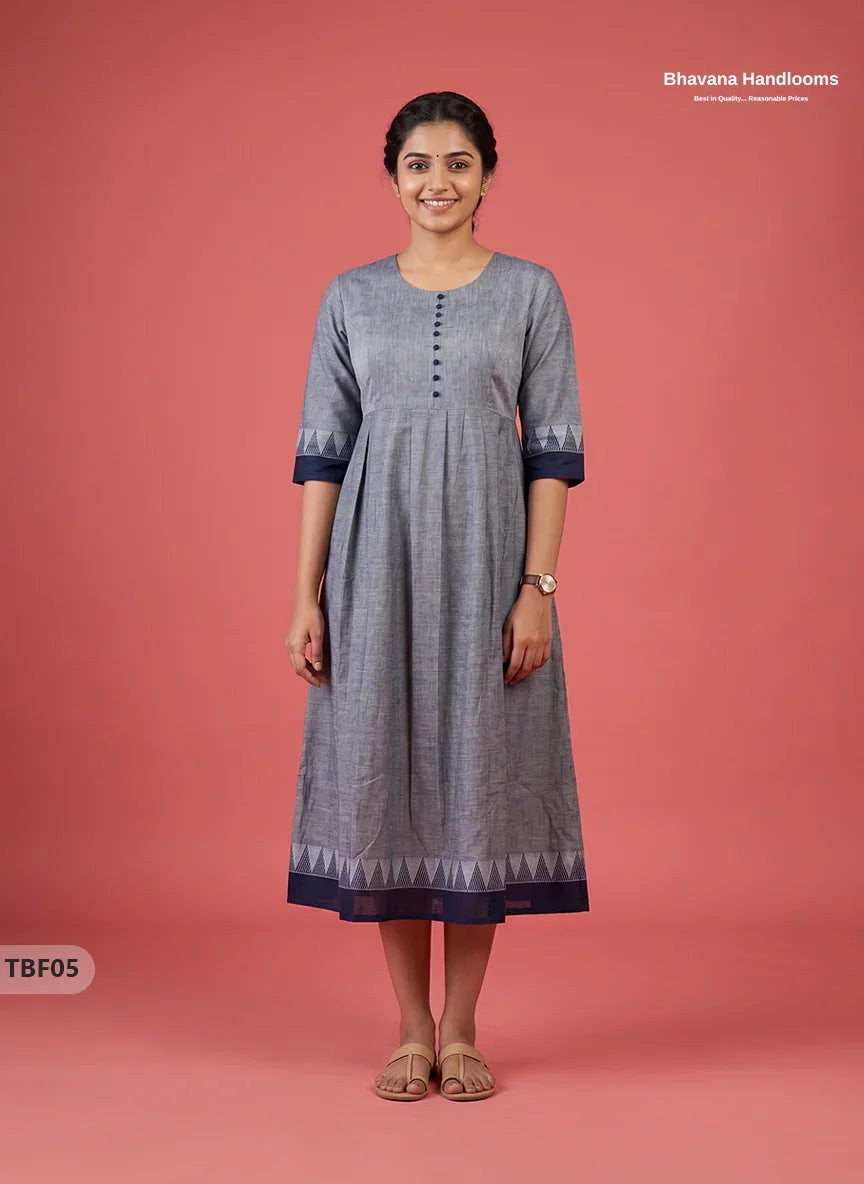Premium Mangalagiri Temple Border Frock with Potli Balls | Slate grey with blue undertones Colour | Half Lining