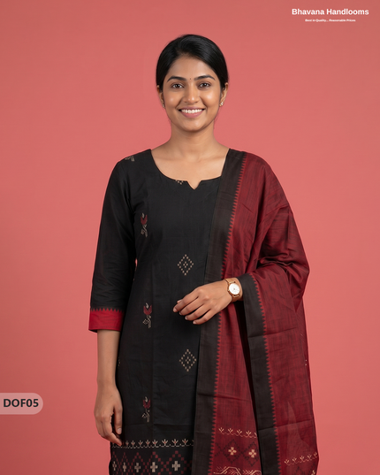 Mangalagiri Handloom Printed Cotton Kurti Set Black Colour with Elastic Bottom | Ready-to-Wear Ethnic Wear